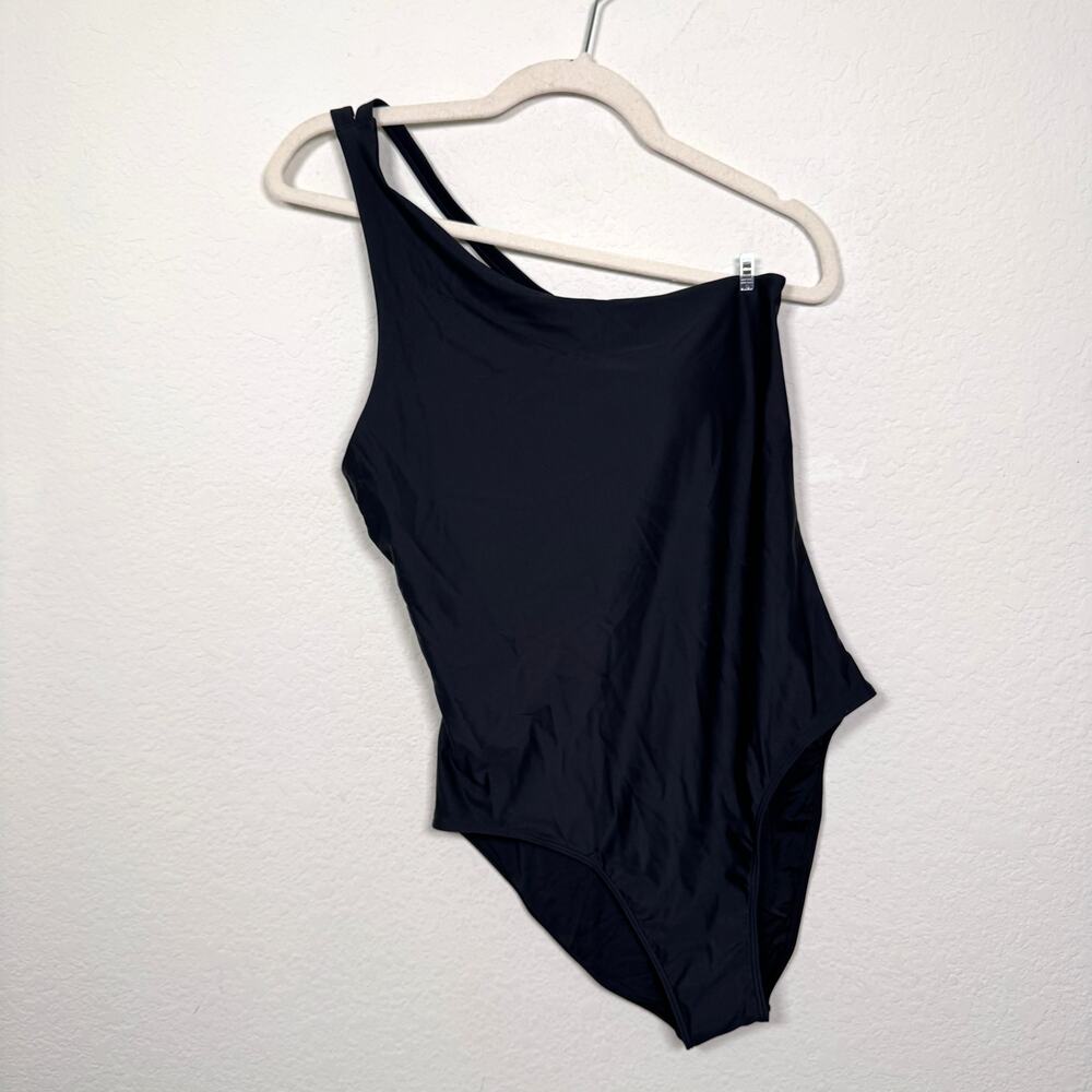 Quince Womens Italian One Shoulder One Piece Swimsuit SIze L Swim Beach Black